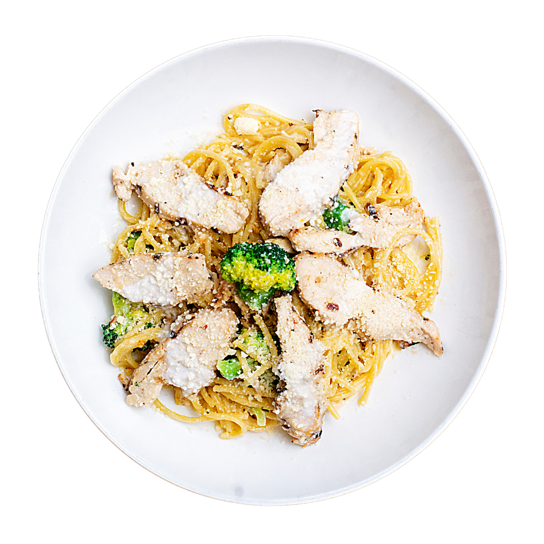 Plate of spaghetti with chicken and broccoli on a white background