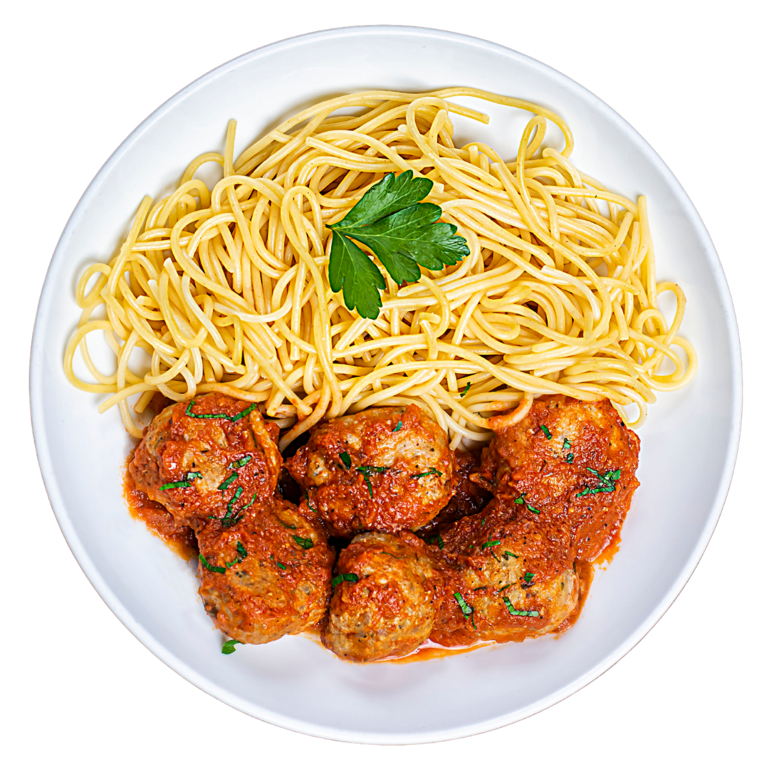 A plate of spaghetti with high protein turkey meatballs topped with marinara sauce and garnished with parsley.