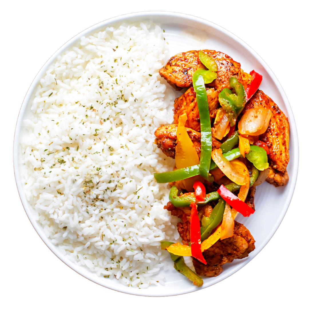 A plate of chicken fajita with juicy chicken breast, served with peppers and white rice.