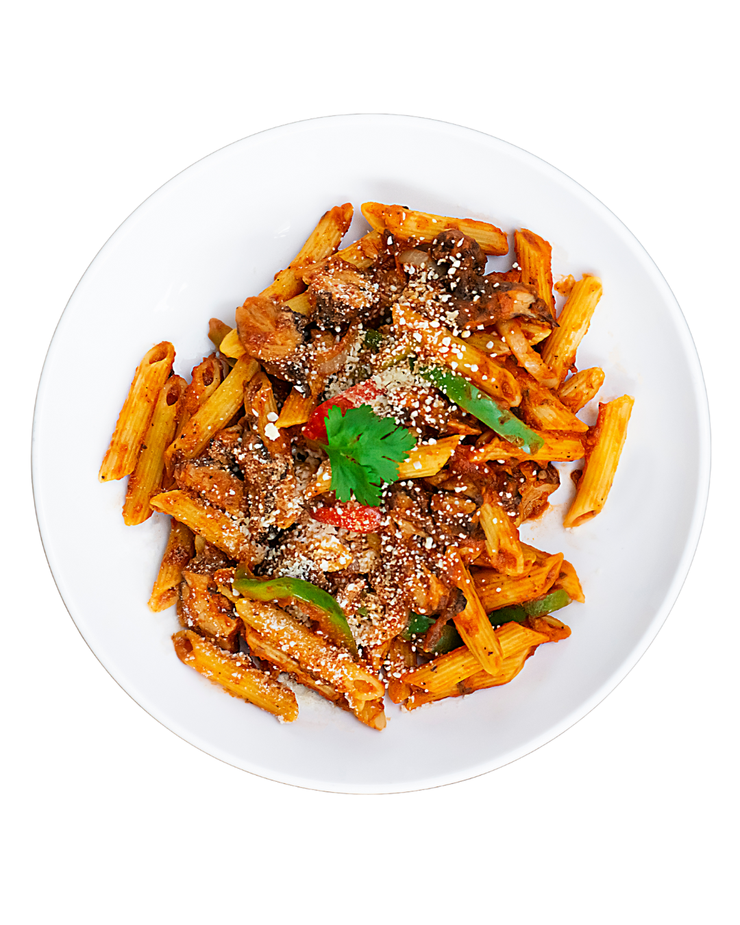 Penne pasta with seasoned jerk chicken, sauce, bell peppers, and basil on a white plate